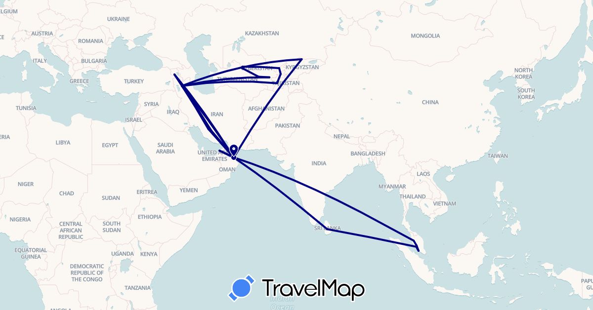 TravelMap itinerary: driving in United Arab Emirates, Armenia, Iran, Kyrgyzstan, Sri Lanka, Malaysia, Oman, Tajikistan, Uzbekistan (Asia)